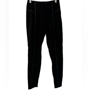 LYSSE Black Knit Faux-Leather Trim leggings Sz Small